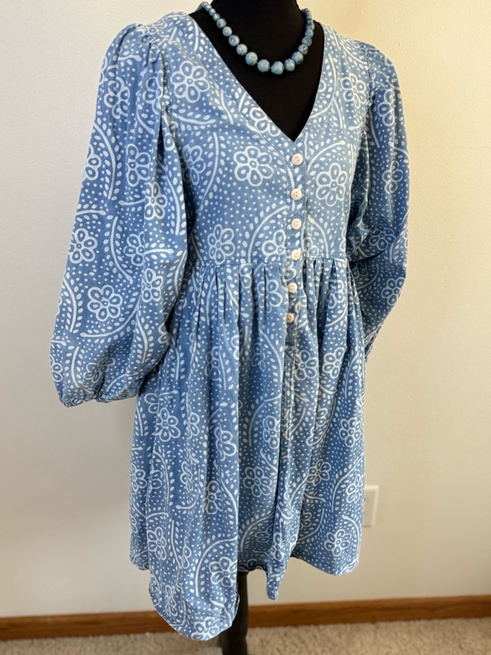 Madewell Blue Floral Empire Waist Mini Dress Puff Sleeve XS - Picture 6 of 10